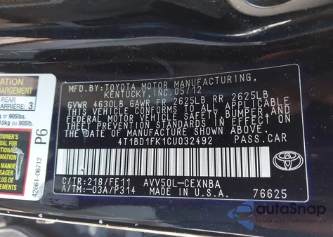 2012 Toyota Camry Hybrid Le from USA, damaged, VIN 4T1BD1FK1CU032492